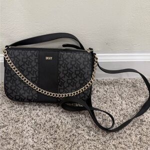 DKNY Monogram Black Crossbody Bag with Gold Chain